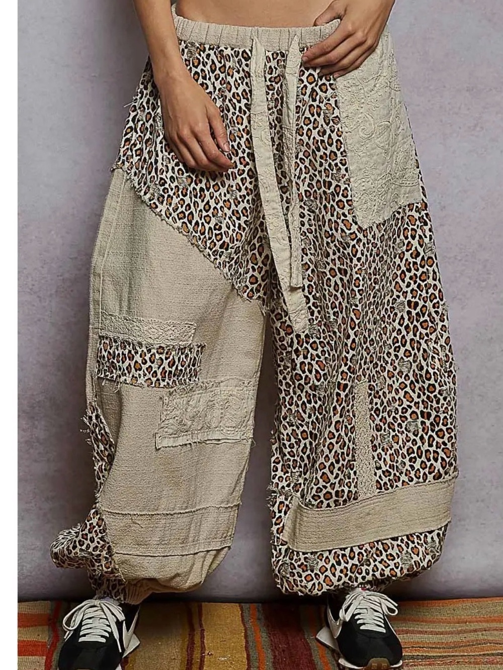 POL NWT Jacquard Leopard Print Patchwork Distressed Jogger Brown Cream Black